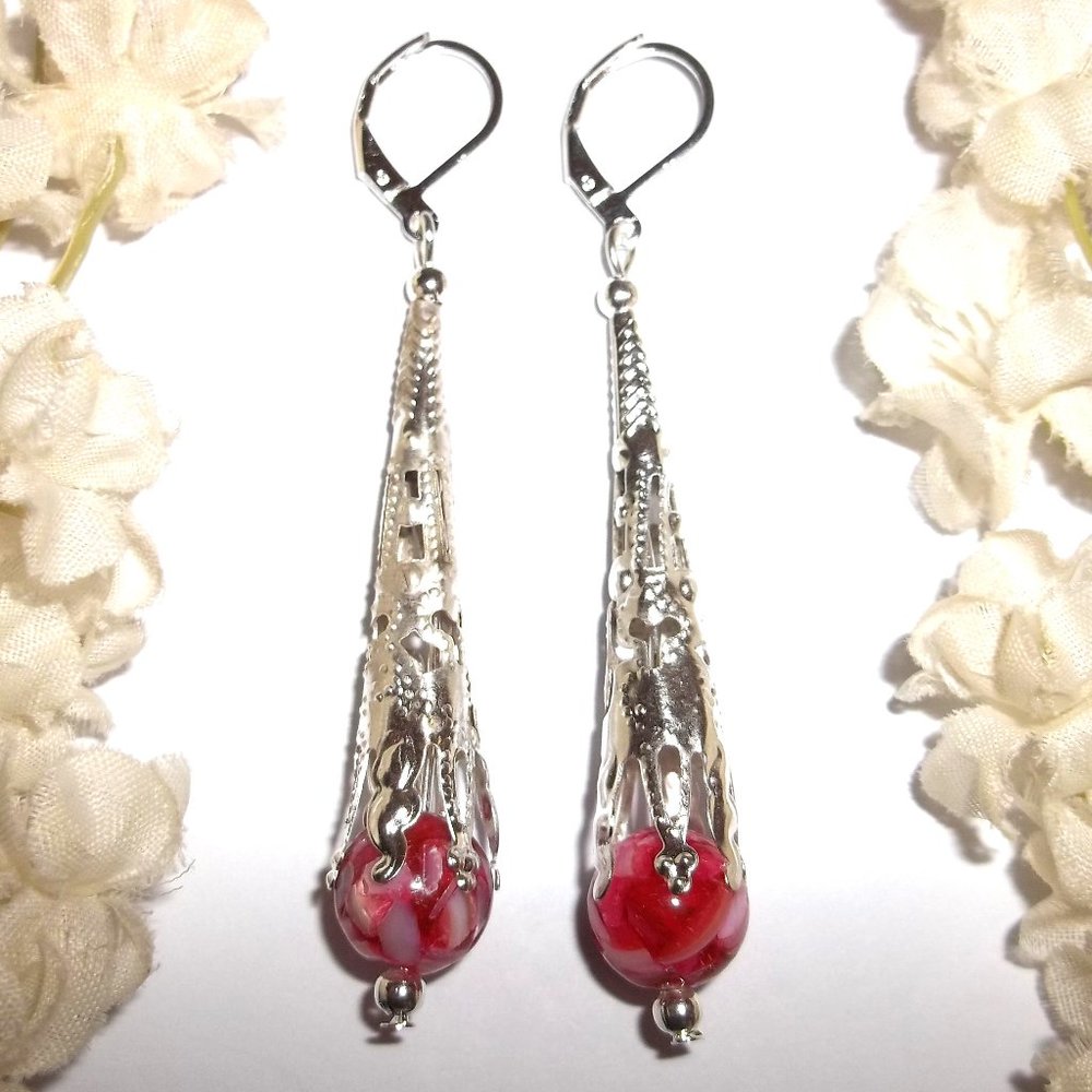 Long Pink Earrings Silver Beaded Fashion Accessory Dangle Drop Jewelry Set A975